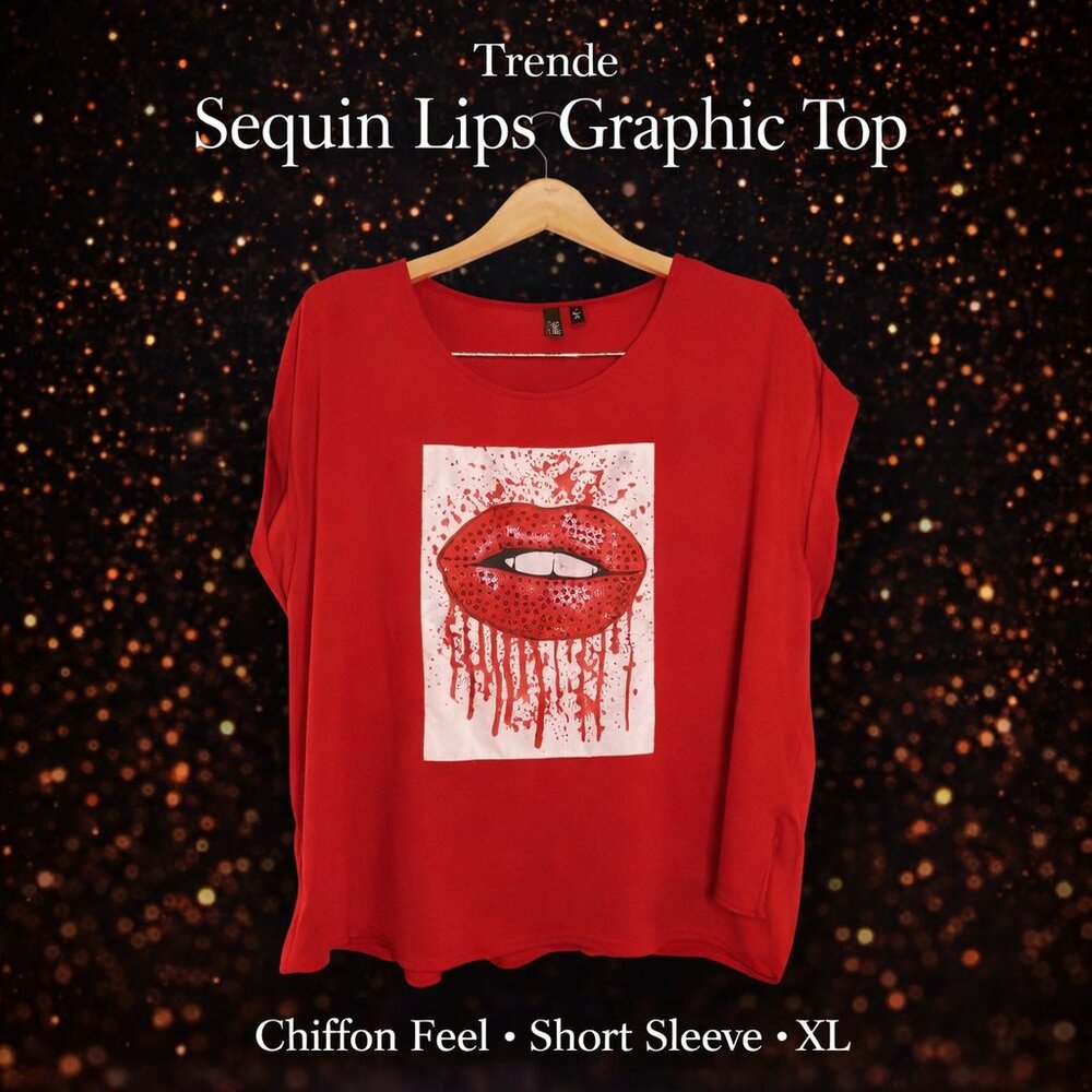 Trende Red Sequin Lips Graphic Top Blouse Chiffon Feel Short Sleeve XL